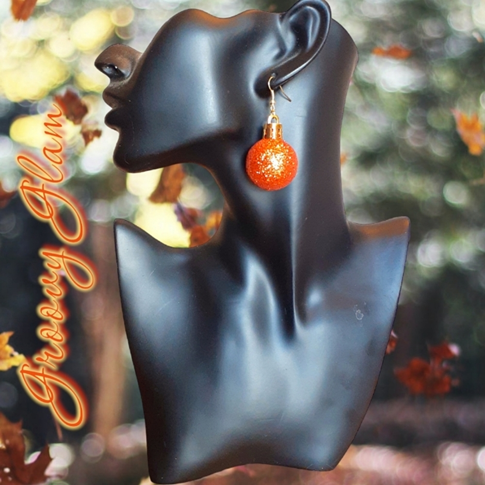 GROOVY GLAM Orange Glitter Metallic Handcrafted Mini Ornament Ball Earrings